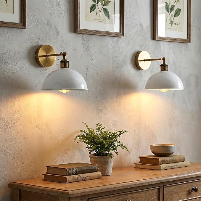 Dome Metal Wall Sconce, 180° Adjustable Industrial Wall Lamp for Bedside, Study, Kitchen, and Living Room Décor. (White.)