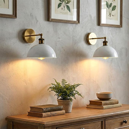 Dome Metal Wall Sconce, 180° Adjustable Industrial Wall Lamp for Bedside, Study, Kitchen, and Living Room Décor. (White.)