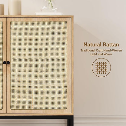 Yechen Set of 3 94.5" Sideboard Cabinet with Natural Rattan Decorated Square Doors, Rattan Cabinet, Accent Buffet Console Storage Credenza, for Living Room Entryway Kitchen, Natural, Metal Legs