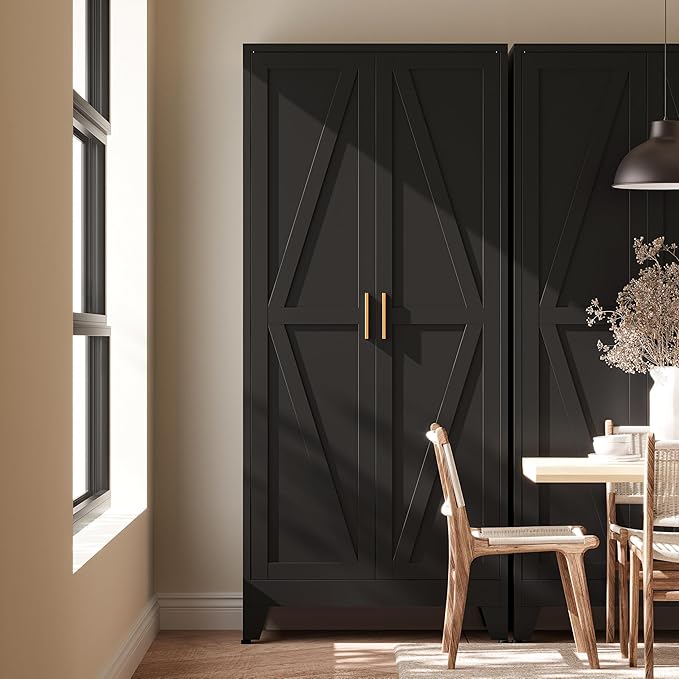 71" H Black Metal Storage Cabinets,Garage Storage Cabinet,Tall Pantry Cabinet with Doors,Kitchen Food Storage Cabinet,Farmhouse Storage Cabinets for Kitchen, Dining Room