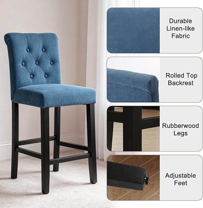 LSSBOUGHT 24 Inches Upholstered Counter Stools, Bar Stools Set of 4, Fabric Counter Stools with Back, Counter Height Bar Chairs with Solid Wood Legs for Home Kitchen Island Dining Room, (4pcs,Blue)