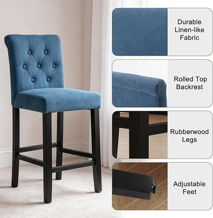 LSSBOUGHT 24 Inches Upholstered Counter Stools, Bar Stools Set of 4, Fabric Counter Stools with Back, Counter Height Bar Chairs with Solid Wood Legs for Home Kitchen Island Dining Room, (4pcs,Blue)