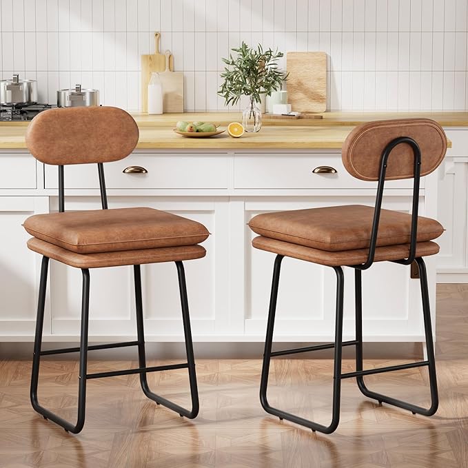 VECELO Bar Stools Set of 4, Counter Height Barstools with Removable Backrest, Padded Seat and Metal Legs, PU Leather Upholstered Bar Chairs for Kitchen, Island, Brown