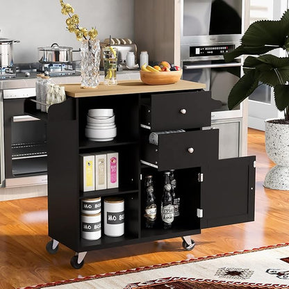 Fashion Store Kitchen Island Cart with Rubber Wood Top and 2 Drawers,4 Wheels and 3 Open Shelves,for Kitchen,Dining Room,Bathroom,Living Room (Black@E)