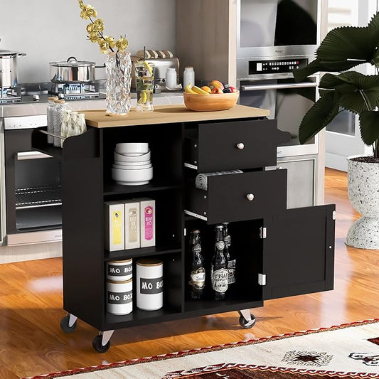 Fashion Store Kitchen Island Cart with Rubber Wood Top and 2 Drawers,4 Wheels and 3 Open Shelves,for Kitchen,Dining Room,Bathroom,Living Room (Black@E)