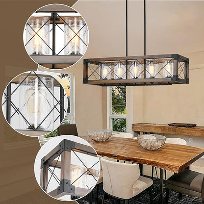 WJShome 35" Farmhouse Chandelier, 5-Light Kitchen Island Lighting, Modern Rectangular Dining Room Light Fixture, Rustic Wooden Chandeliers, Linear Pendant Light, with Clean Glass Shade