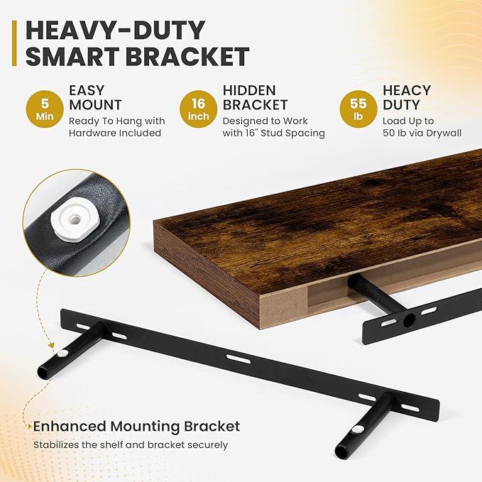 Acovy 30 Inch Floating Shelves, 9.3" Deep Floating Shelf Wall Mounted, 30" Wall Shelves, Rustic Deep Bookshelf, Large Display Shelves & Storage Shelves for Bedroom, Living Room, Brown, Set of 2