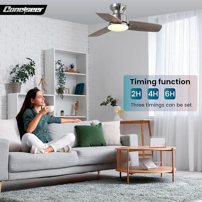 Conciseer 30 Inch Ceiling Fans with Lights and Remote, Bedroom Living Room Office, Flush Mount, 3CCT Dimmable, Dual Color 3 Blades 6 Speed Reversible Quiet DC Motor, Chrome-Plated/Wood Grain