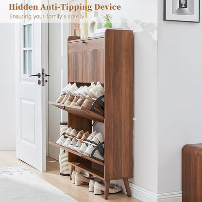 BERRYMERRY Shoe Storage Cabinet for Entryway with 3 Flip Drawers, 51.2” Tall Narrow Shoe Organizer with Wave Panel, Freestanding Wood Hidden Shoe Cabinet for Hallway
