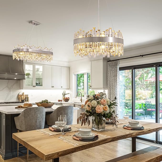 Siljoy Modern Crystal Chandeliers 12-Light Luxury Brushed Nickel K9 Crystal Raindrop Chandelier Adjustable Dimmable Crystal Ceiling Light Fixture for Dining Room Living Room Bedroom D19.7''