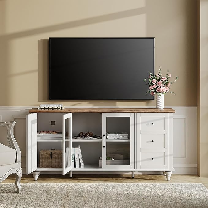 WAMPAT Sideboard Buffet Cabinets with Glass Door, Kitchen Storage Cabinets, Wood Coffee Bar Tables, Accent Sideboard Storage Cabinet Table Dining Room, Living Room, Off White