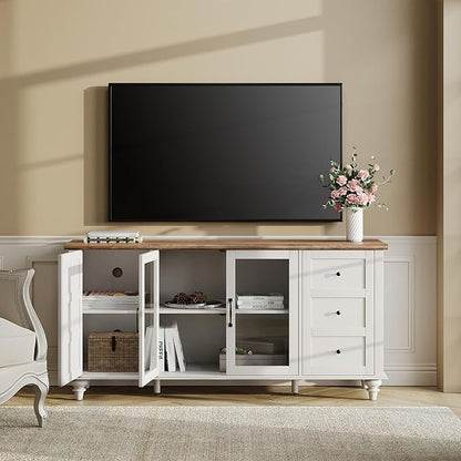 WAMPAT Sideboard Buffet Cabinets with Glass Door, Kitchen Storage Cabinets, Wood Coffee Bar Tables, Accent Sideboard Storage Cabinet Table Dining Room, Living Room, Off White