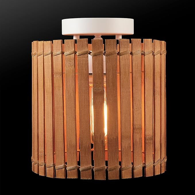 GLOBE Electric 65898 1-Light Flush Mount Ceiling Light, Matte White, Natural Bamboo Shade