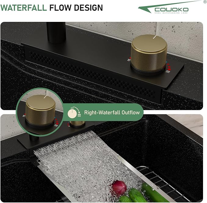 33x22 Drop In Waterfall Kitchen Sink Black Granite Composite Smart Kitchen Sink Multifunction Single Bowl Top Mount Black Multifunctional Waterfall Smart Sinks with Faucet Combo Glass Rinser