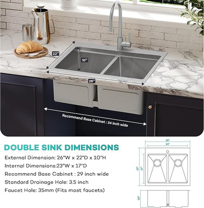 MILOSEN 26 Inch Double Bowl Kitchen Sink, 26''x22'' Drop in 16 Gauge T304 Stainless Steel Sinks, Workstation Sink 50/50 Topmount Double Basin with Accessories, 10'' Deep Laundry Outdoor Sinks