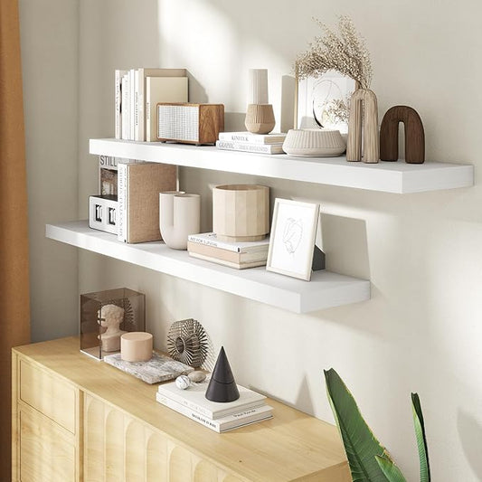55 Inch Floating Shelves for Wall, 8 Inch Deep Floating Shelf for Storage & Display, Rustic Wall Mounted Shelf with Invisible Brackets for Living Room, Kitchen, Bathroom, Home Decor, Set of 2, White