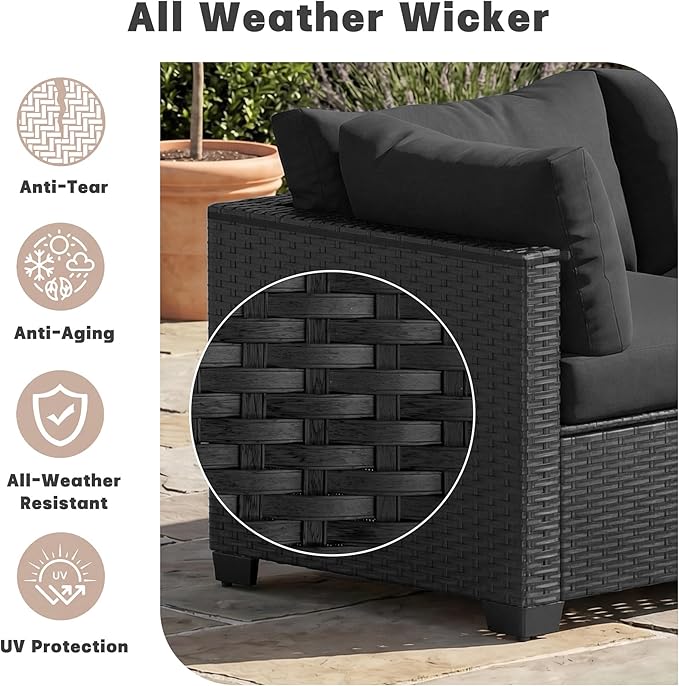 Patio Furniture Set, 7-Piece Outdoor Sectional Couch with Coffee Table & Thick Cushions, Outdoor Wicker Conversation Set for Backyard, Poolside, Garden (Black-Black, 7 Piece-Single)
