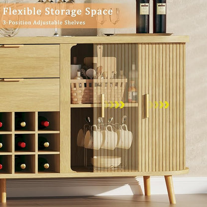 HUAHUU 58" Buffet Cabinet with Storage, Fluted Wine Bar Cabinet with Drawers & Adjustable Shelves, Mid-Century Modern Buffet Sideboard with 12 Wine Racks for Kitchen Living Room, Natural Oak