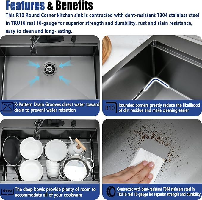 30x19 Black Drop In Kitchen Sink with Faucet Combo - 30 Inch Single Bowl Drop In Sinks 10 Inch Deep, Black Stainless Steel Topmount Workstation Kitchen Sink with Accessories