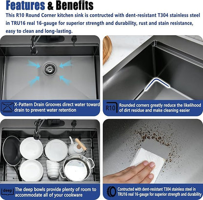 30x19 Black Drop In Kitchen Sink with Faucet Combo - 30 Inch Single Bowl Drop In Sinks 10 Inch Deep, Black Stainless Steel Topmount Workstation Kitchen Sink with Accessories