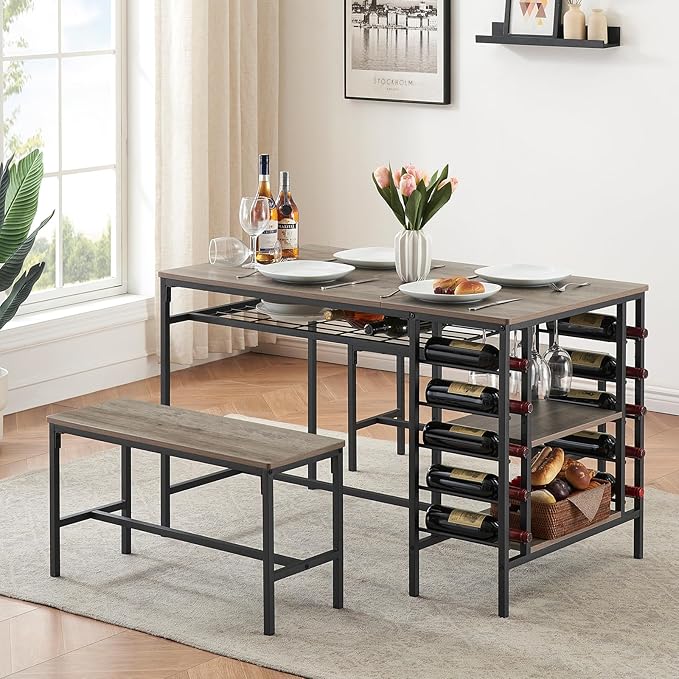 Garvee Dining Table Set for 4, Kitchen Table Set for 4 with 2 Benches, 3 Piece Dining Room Table Set for Small Space Apartment, Grey