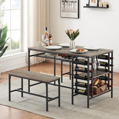 Garvee Dining Table Set for 4, Kitchen Table Set for 4 with 2 Benches, 3 Piece Dining Room Table Set for Small Space Apartment, Grey