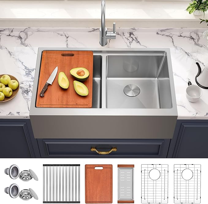 MILOSEN 28 Inch Farmhouse Kitchen Sink, 28''x22'' Drop-in Stainless Steel Workstation Apron Front Sink with Accessories, 50/50 Topmount Double Bowl Farm Sinks, 10'' Large and Deep Handmade Sinks