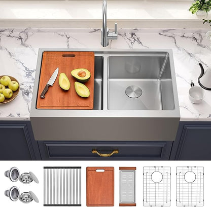MILOSEN 28 Inch Farmhouse Kitchen Sink, 28''x22'' Drop-in Stainless Steel Workstation Apron Front Sink with Accessories, 50/50 Topmount Double Bowl Farm Sinks, 10'' Large and Deep Handmade Sinks