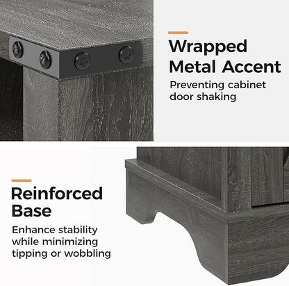 RoyalCraft 25" Tall Farmhouse Nightstand with Charging Station, Grey End Table with Storage, Large Wooden Rustic Bedside Table for Bedroom, Dark Grey