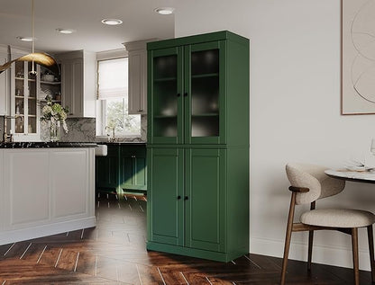 Palace Imports 100% Solid Wood Kitchen Pantry w/ 2 Frosted Glass Doors & Bottom Wooden Storage Cabinet, Green, 32" w x 71.5" h, Renewable Eco-Friendly Wood, Made in Brazil