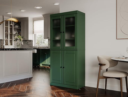 Palace Imports 100% Solid Wood Kitchen Pantry w/ 2 Frosted Glass Doors & Bottom Wooden Storage Cabinet, Green, 32" w x 71.5" h, Renewable Eco-Friendly Wood, Made in Brazil