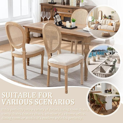 Linen Wooden Dining Chair Set of 4, Upholstered Farmhouse Dining Chair with Solid Wood Frame, Kitchen & Dining Room Chairs for Living Room, Restaurant, Bedroom (Beige-Rattan, Set of 4)