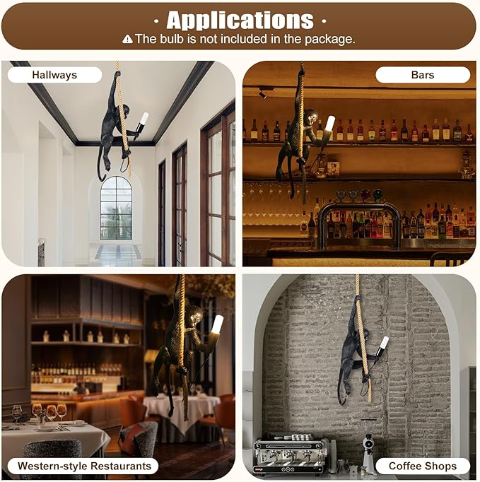 LOYALHEARTDY Vintage Resin Hemp Rope Monkey Pendant Light Fixture Monkey Chandelier Industrial Retro E26 Edison Ceiling Pendant Lamp for Dining Living Room Bedroom Bar Cafe (Black)