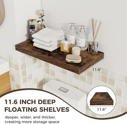 Fun Memories 24 x 12 Inch Deep Floating Shelves, 12 Inch Deep Rustic Wooden Book Shelf, Extra Deeper & Thicker Hanging Shelves for Living Room, Bathroom, Bedroom, Kitchen, Office, Set of 3 (Brown)