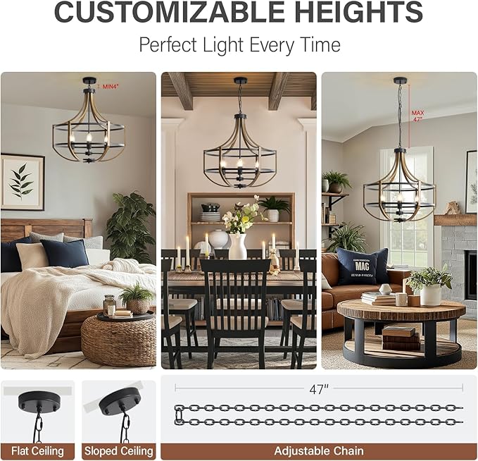23.6" Farmhouse Chandelier for Dining Room, 6-Light Rustic Brown Faux Wood Pendant Light Fixtures, Black Frame Foyer Chandelier for Entryway Kitchen Island Bedroom Living Room