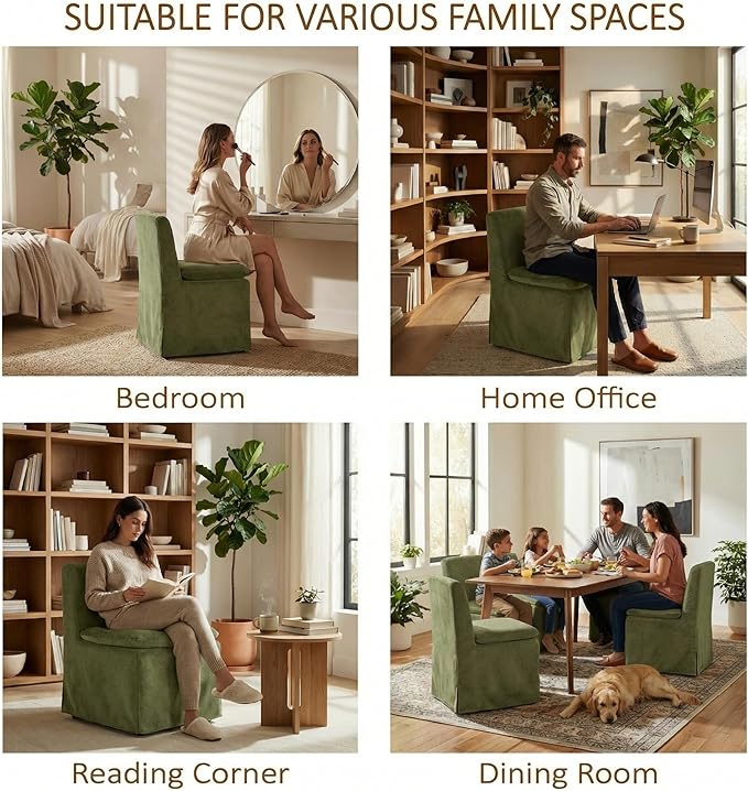 KISLOT Upholstered Dining Chairs Set of 2 with Casters, Modern Armless Kitchen Chairs with Removable Washable Cover, Chenille Velvet Fabric, Sturdy Metal & Wood Frame, 19.5" Seat Height, Green