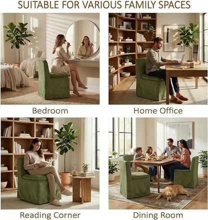 KISLOT Upholstered Dining Chairs Set of 2 with Casters, Modern Armless Kitchen Chairs with Removable Washable Cover, Chenille Velvet Fabric, Sturdy Metal & Wood Frame, 19.5" Seat Height, Green