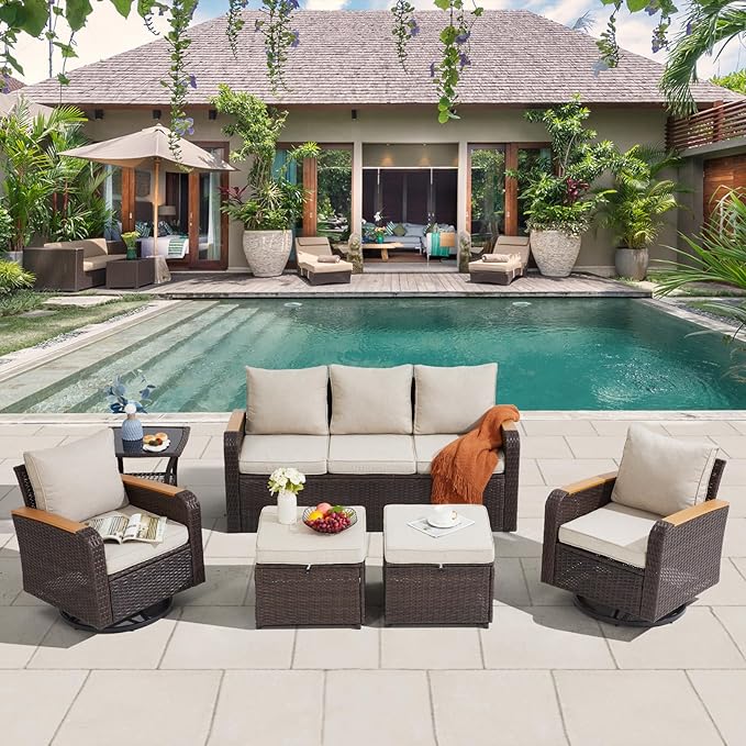 6 Pieces Wicker Patio Furniture Sets, Patio Conversation Set PE Rattan Sectional Sofa with Swivel Chairs Ideal for Indoor Porch Deck Bistro Lawn Garden Backyard Poolside-Khaki