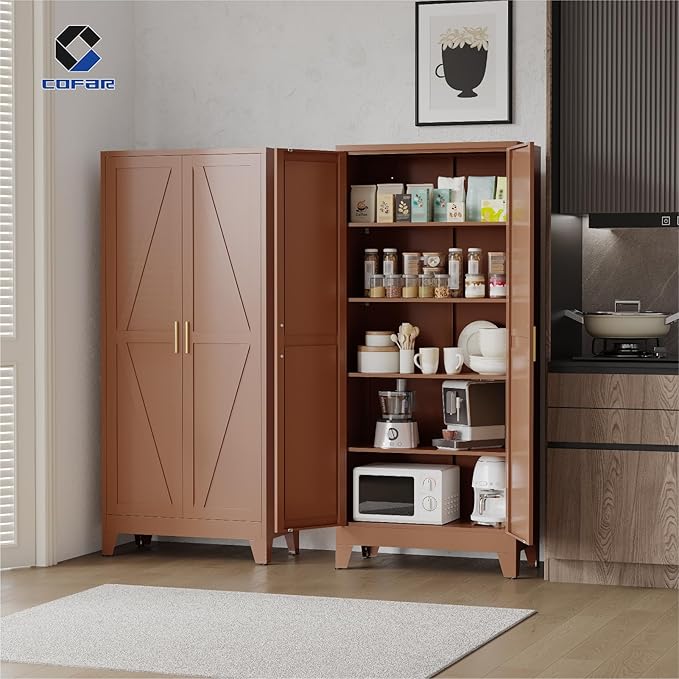 COFaR Metal Pantry Cabinet with Doors, Farmhouse 71'' Tall Storage Cabinet with 4 Adjustable Shelves, Kitchen Pantry Cabinet for Dinning Room, Garage, Laundry, Bathroom, Brown 5-Tier