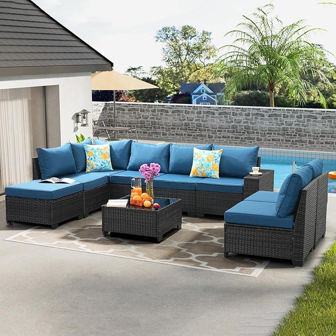 JOYURE 9 Pieces Patio Furniture Set All-Weather Outdoor Wicker Sectional Conversation Sofa Rattan Patio Seating Sofa with Cushion and Glass Table for Porch Poolside,Peacock Blue