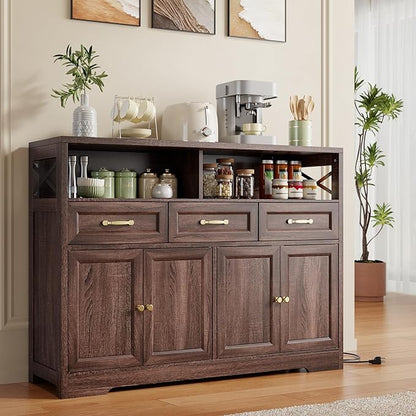 Ahomly 51" Buffet Cabinet with Adjustable Storage, Charging Port - 3 Drawers & 4 Doors Large Sideboard, Multi - Scene Coffee Bar/Microwave Stand for Kitchen,Living Room,Entryway（Brown）