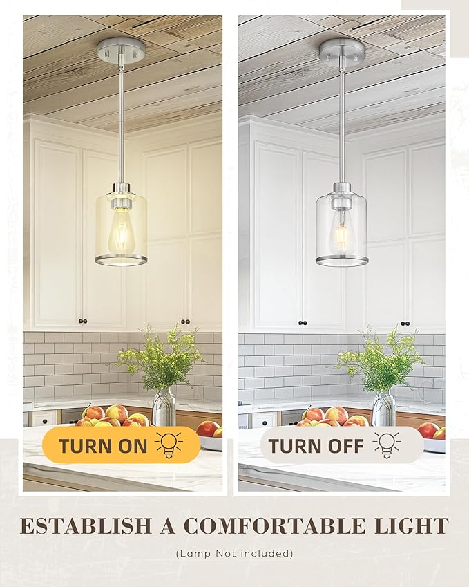 Beionxii Brushed Nickel Pendant Lights Kitchen Island, Hanging Lights Fixtures with Clear Glass, Kitchen Pendant Lighting Over Island, Hanging Lights for Sink, Dining Room, Entryway, BX-PL02BN-CG