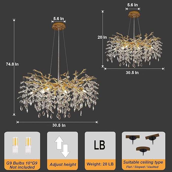 Crystal Tree Branches Chandeliers Luxury Round Gold Hanging Pendant Light 10 Lights for Dining Room Bedroom Living Room Entryway 30.5"
