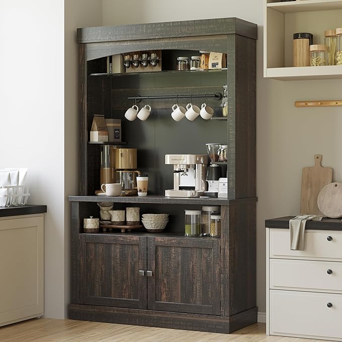 GarveeHome Coffee Bar Cabinet with LED Lights 72 in Tall Buffet Cabinet with Storage Farmhouse Kitchen Sideboard Tall Coffee Hutch with Microwave Stand/Wine Rack/Glass Shelf Dining Room (Oak Black)