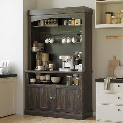 GarveeHome Coffee Bar Cabinet with LED Lights 72 in Tall Buffet Cabinet with Storage Farmhouse Kitchen Sideboard Tall Coffee Hutch with Microwave Stand/Wine Rack/Glass Shelf Dining Room (Oak Black)