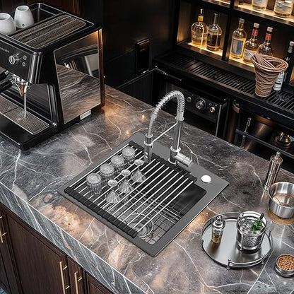 YITAHOME Black Drop In Kitchen Small Sink 15in Topmount Stainless Steel Nano Gunmetal Black Sink w/Protector Accessories, Single Bowl for Workstation, Bar 15 x 15 x 10 Inch