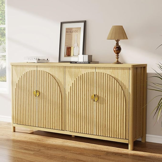 Sideboard Cabinet with Storage - 63” Large Kitchen Buffet Table, Adjustable Shelf & 4 Fluted Doors Farmhouse Coffee Bar for Living Room Dining Room Entryway, Wood