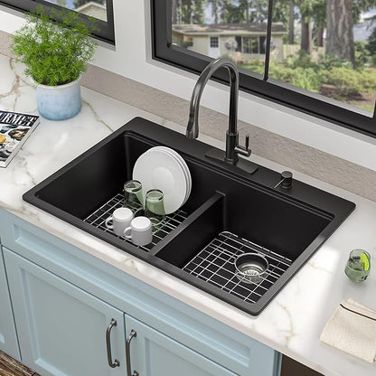 33"x22" Granite Composite Kitchen Sink Double Bowl - Matte Black Ledge Workstation Drop In Top Mount Double Bowl 50/50 Quartz Classic Above Counter Basin