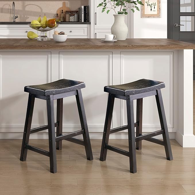 Lexicon Finnian Saddle Solid Wood Counter Height Stool Set of 2 - Saddle Kitchen Stool Dining Height Stools for Dining, Armless Counter Chair Seating, Perfect Casual - 23.5" SH Black Sand