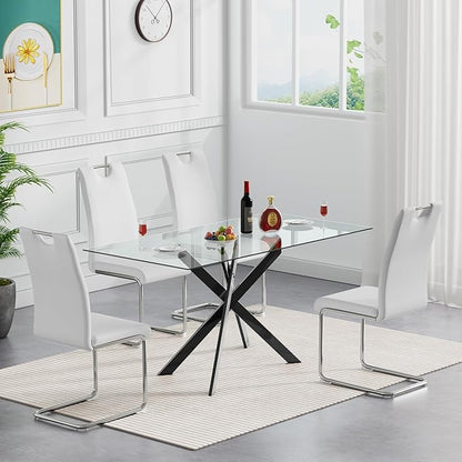 51inch Modern Dining Table for 4, Glass Kitchen Dining Room Table for 4, 0.32" Rectangular Tempered Glass Tabletop and Black Metal Legs,Rectangle Clear Glass Table for Kitchen, Dining Room